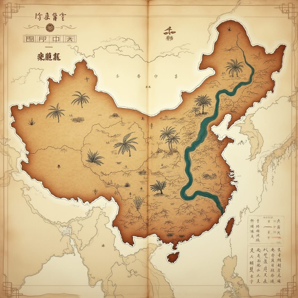 Ancient Chinese Agricultural Map in Warm Parchment Style
