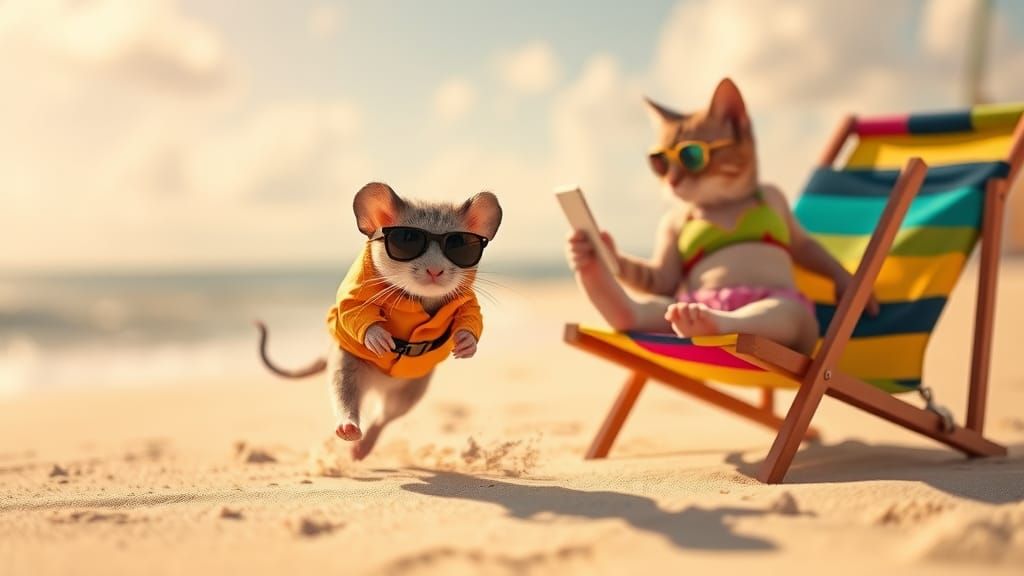 Lifeguard Mouse and Cat on Sunny Beach