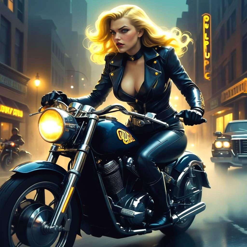 Black Canary on Motorcycle in Art Deco Style