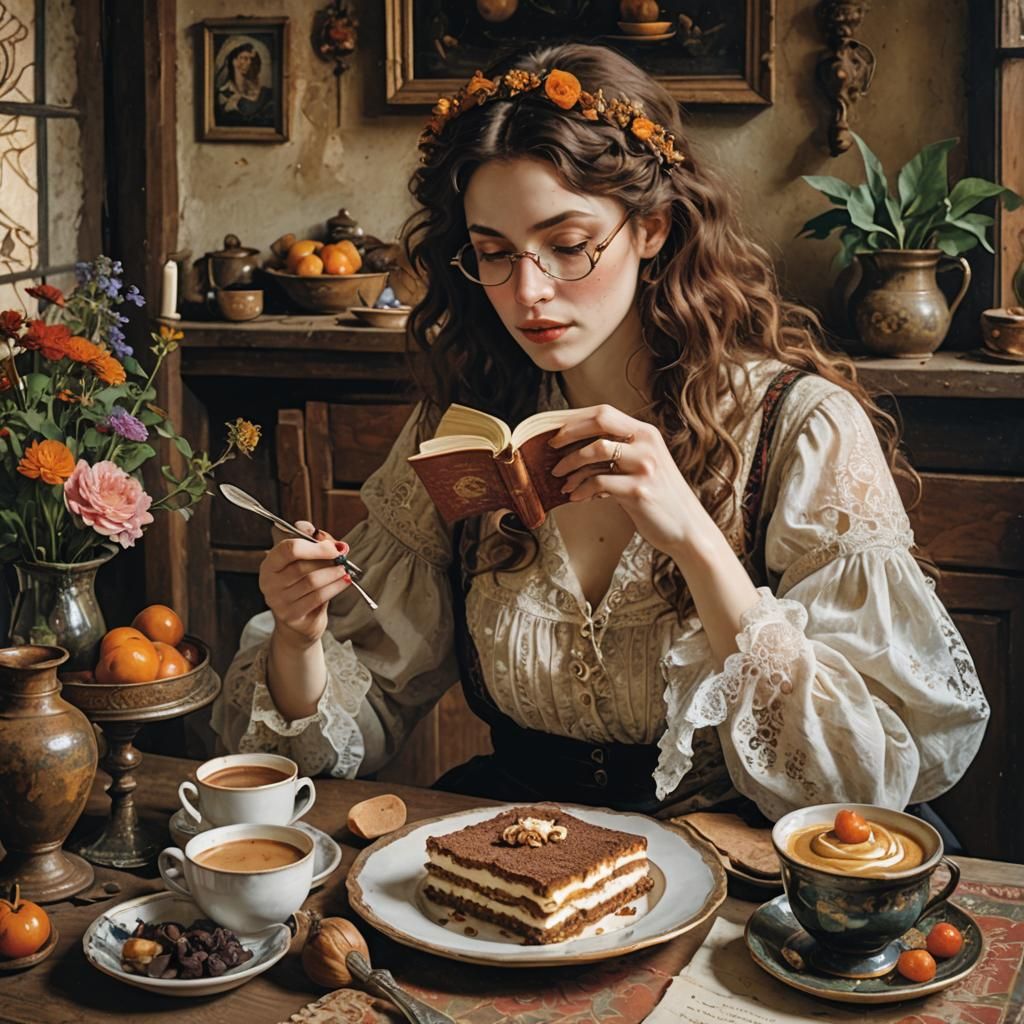 Bohemian Kitchen Scene: Woman, Tiramisu, and Book