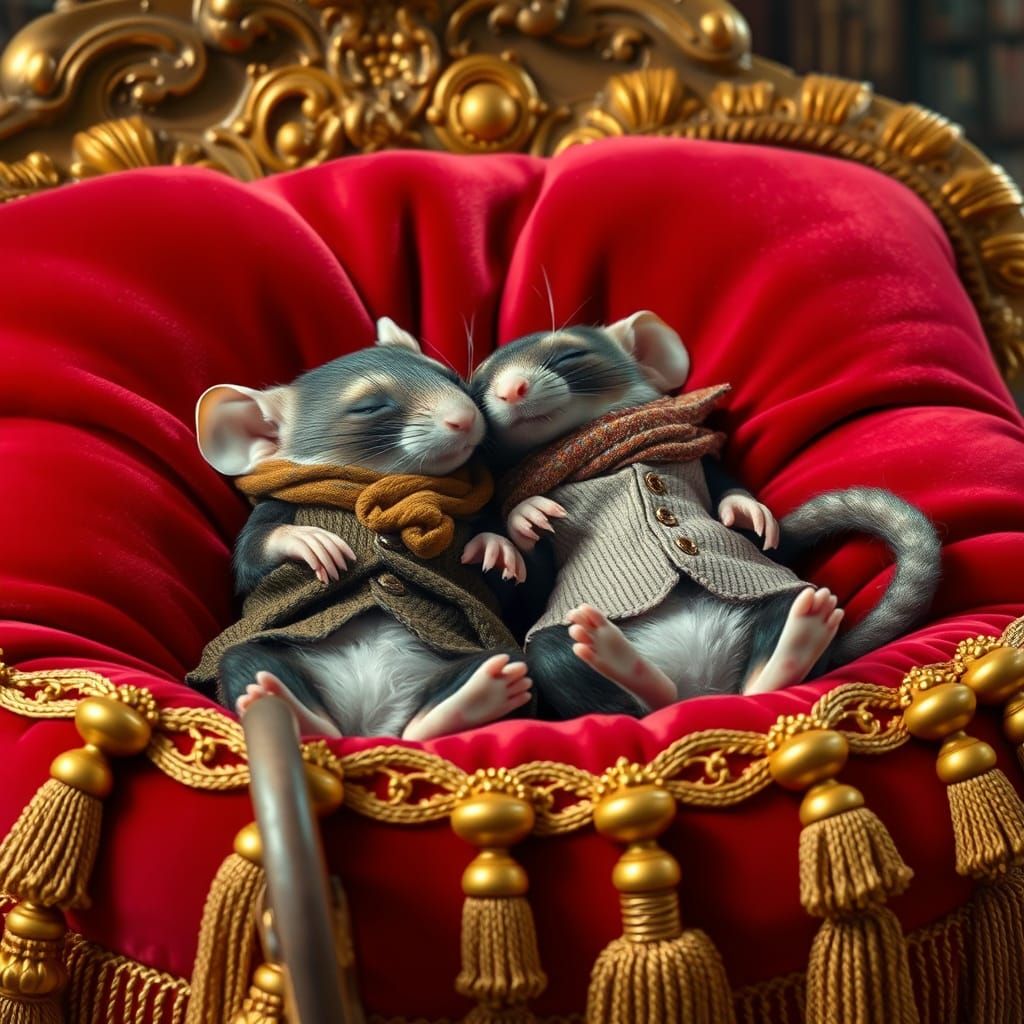 Rat and Ferret Snoozing on Crimson Pillow