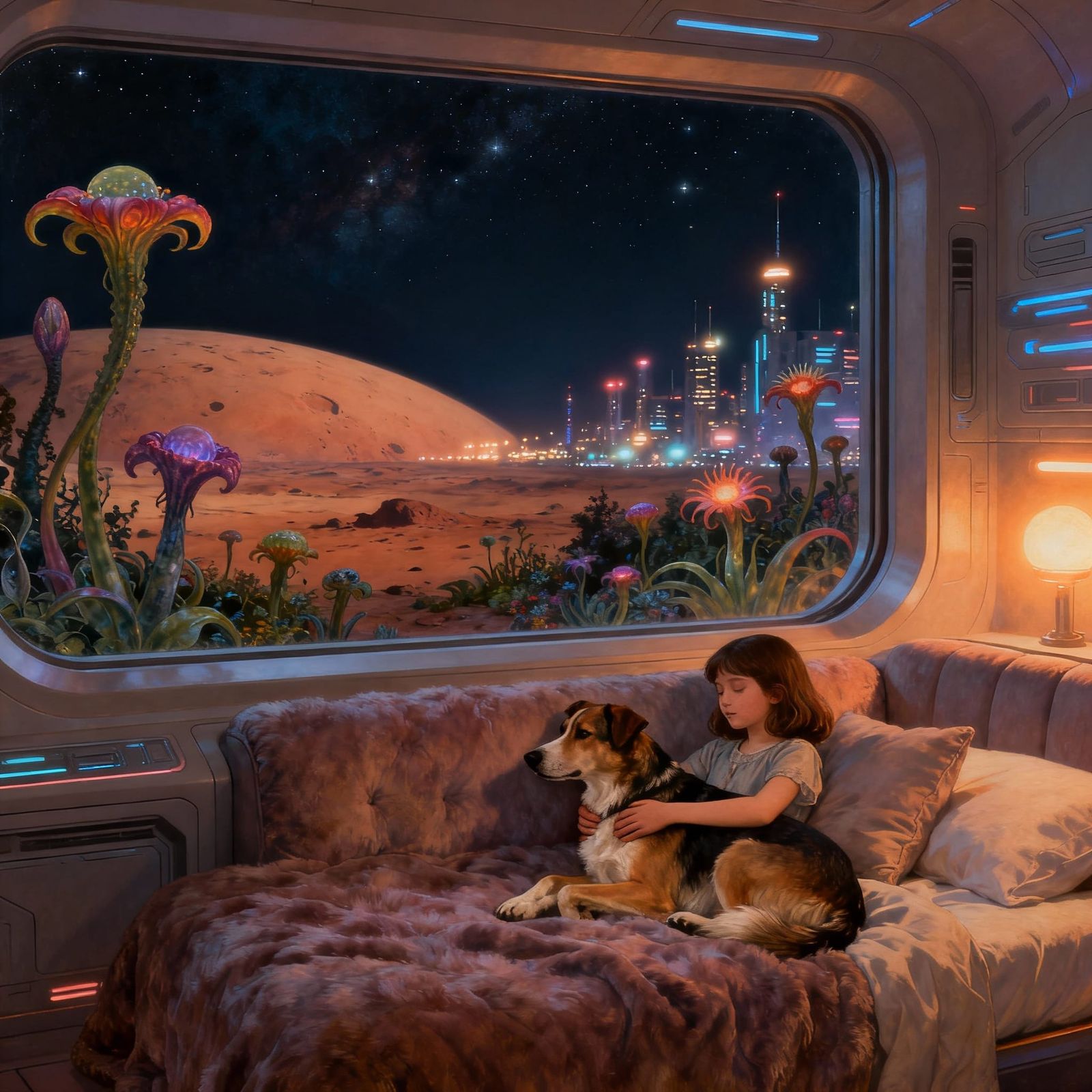 Futuristic Martian Bedroom With Girl and Dog