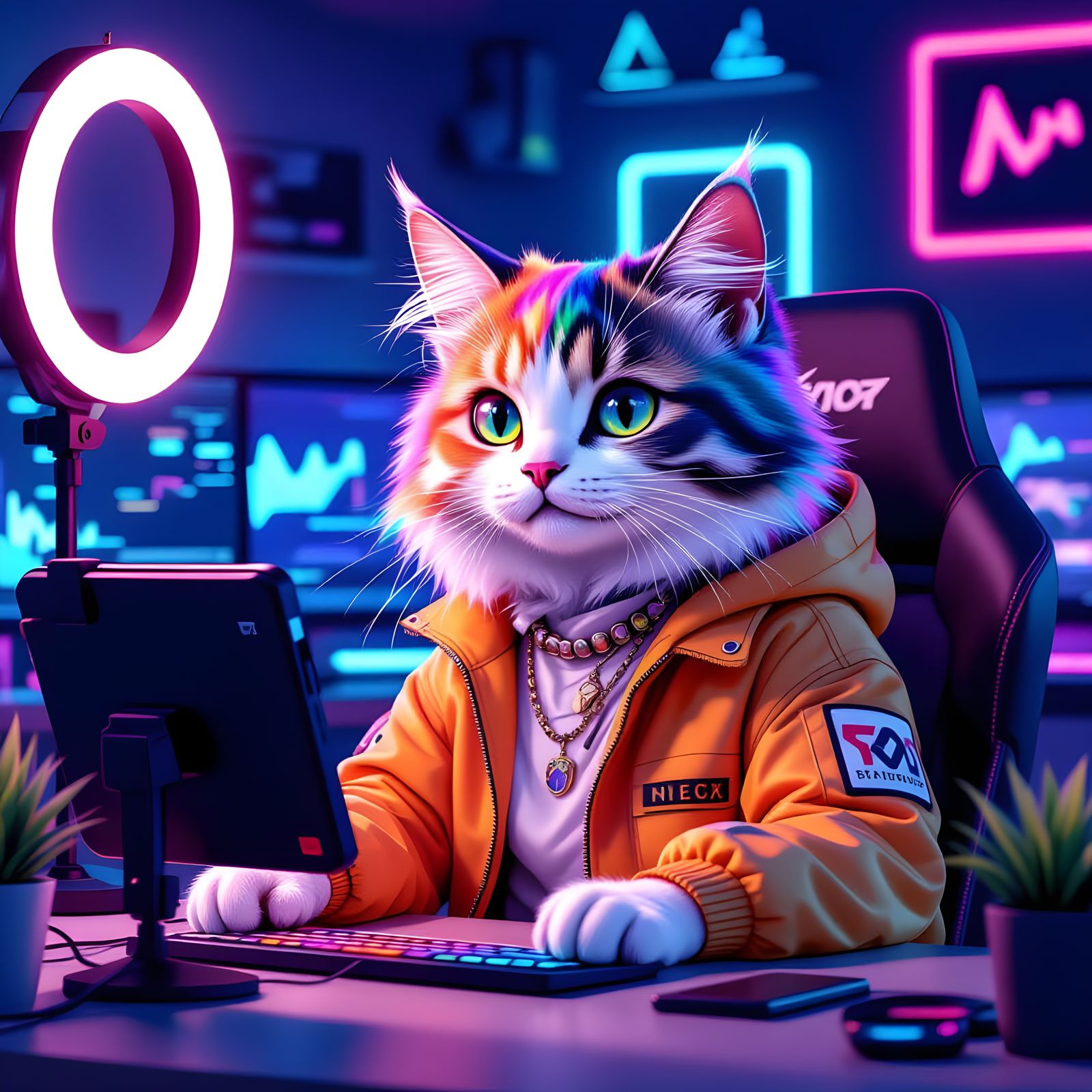 Trendy Cat Vlogging in Neon Gaming Studio