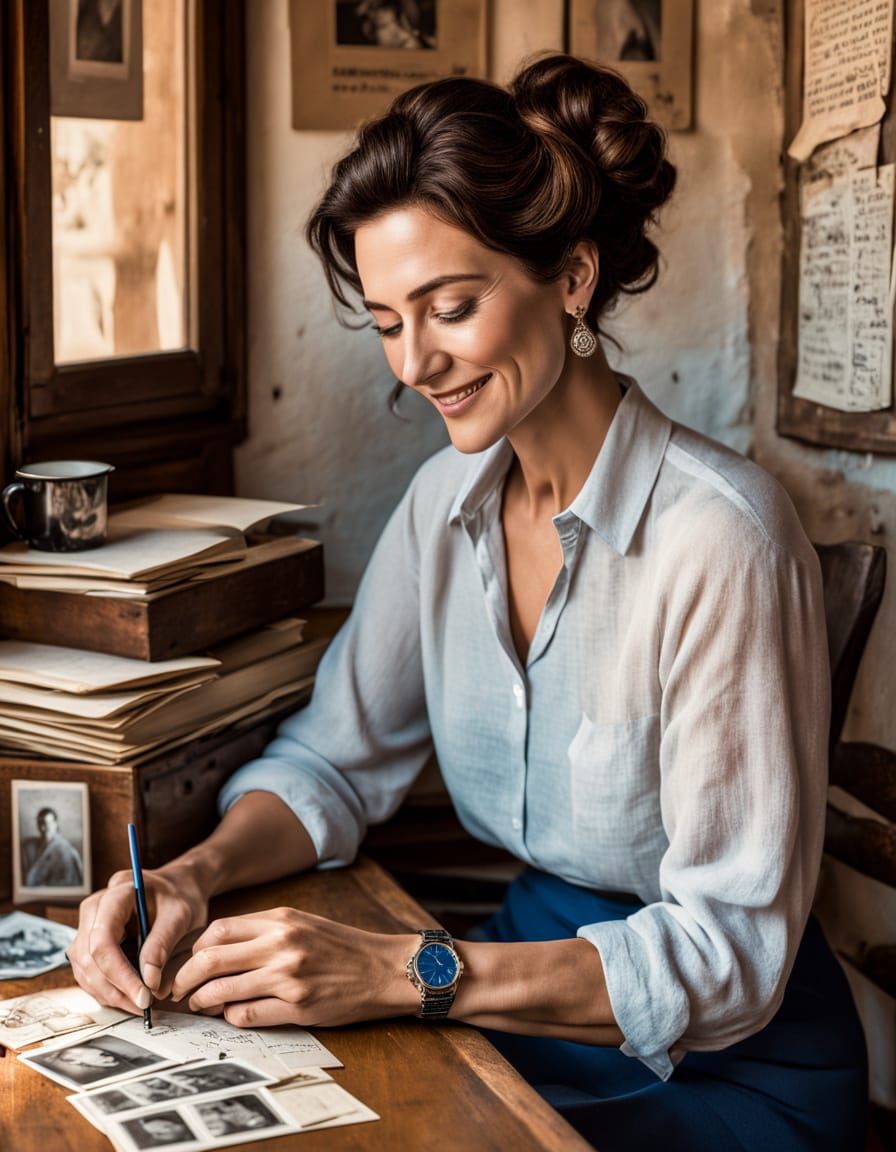 Woman Organizes Postcards in Warm Nostalgic Setting