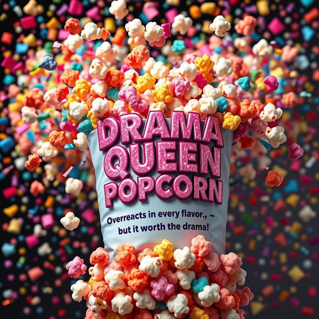 Drama Queen Popcorn Explosion in Hyper-Real 3D Style