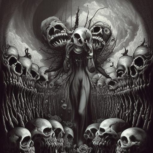 Macabre Roses and Skulls in Gothic Horror Style