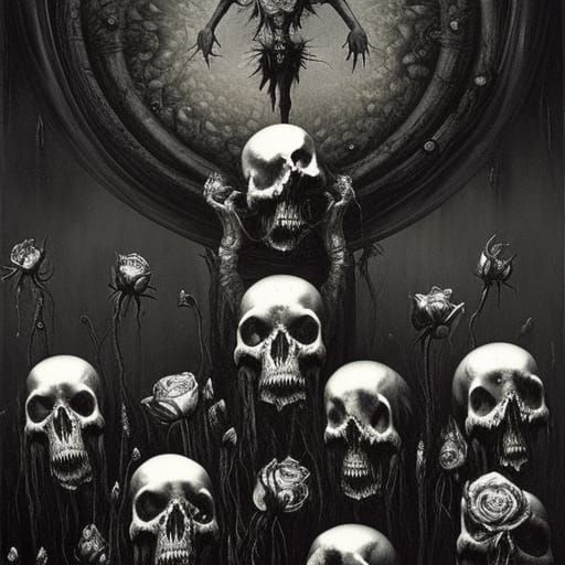 Skulls and Roses in Gothic Horror Style