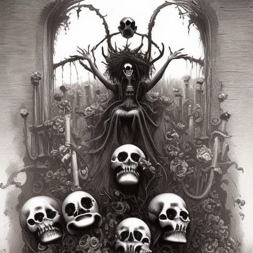 Macabre Roses and Skulls in Gothic Horror Style
