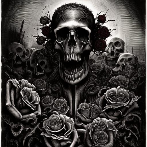 Macabre Roses and Skulls in Horror Art Style