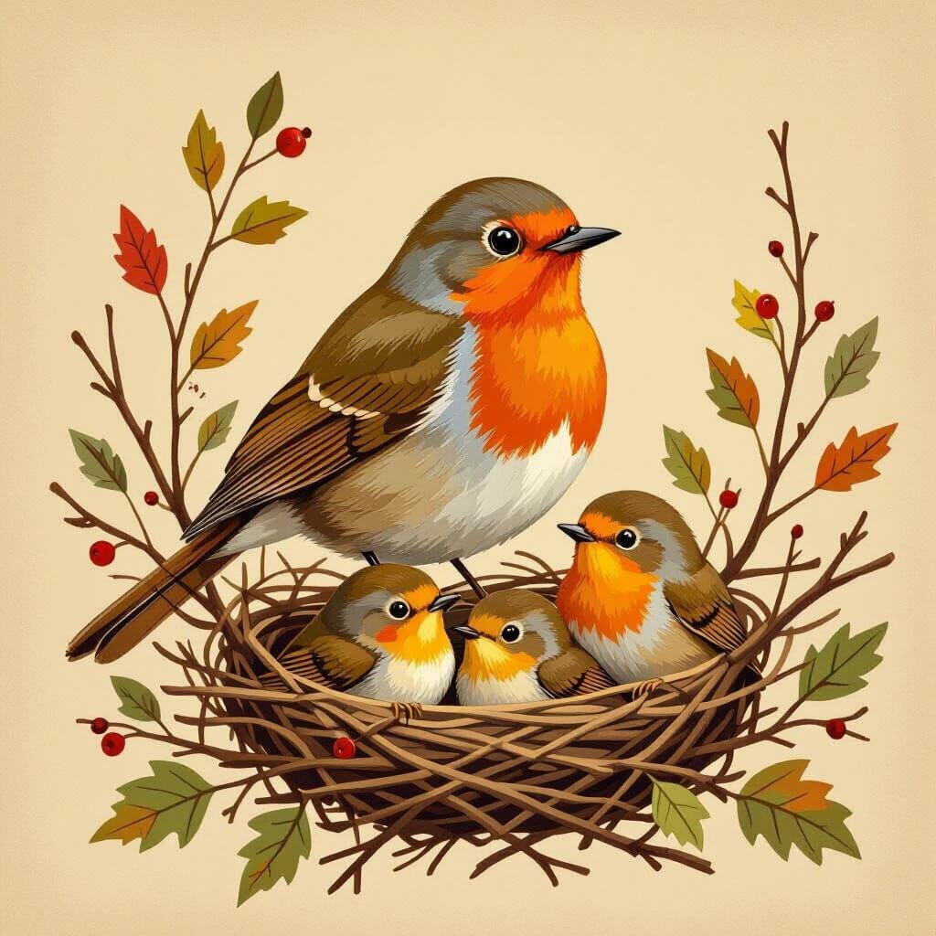 Robin Protects its Babies: Naturalistic Bird Illustration
