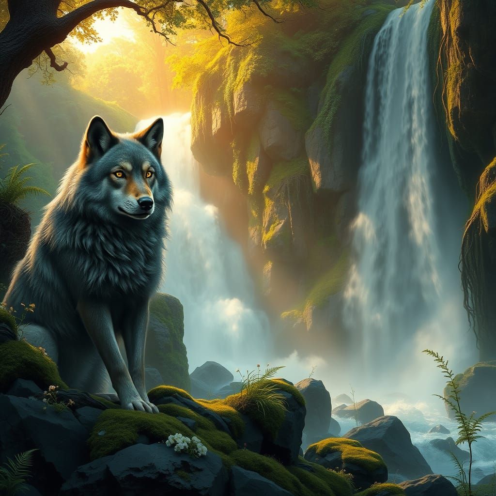 Majestic Wolf Surrounded by Lush Waterfall and Ancient Trees