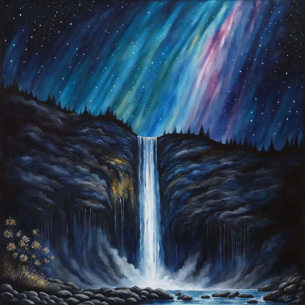 Encaustic Waterfall Reflecting Cosmic Night Sky