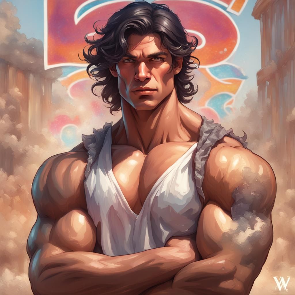 Muscular Youth with Sign in Hyperrealistic Style