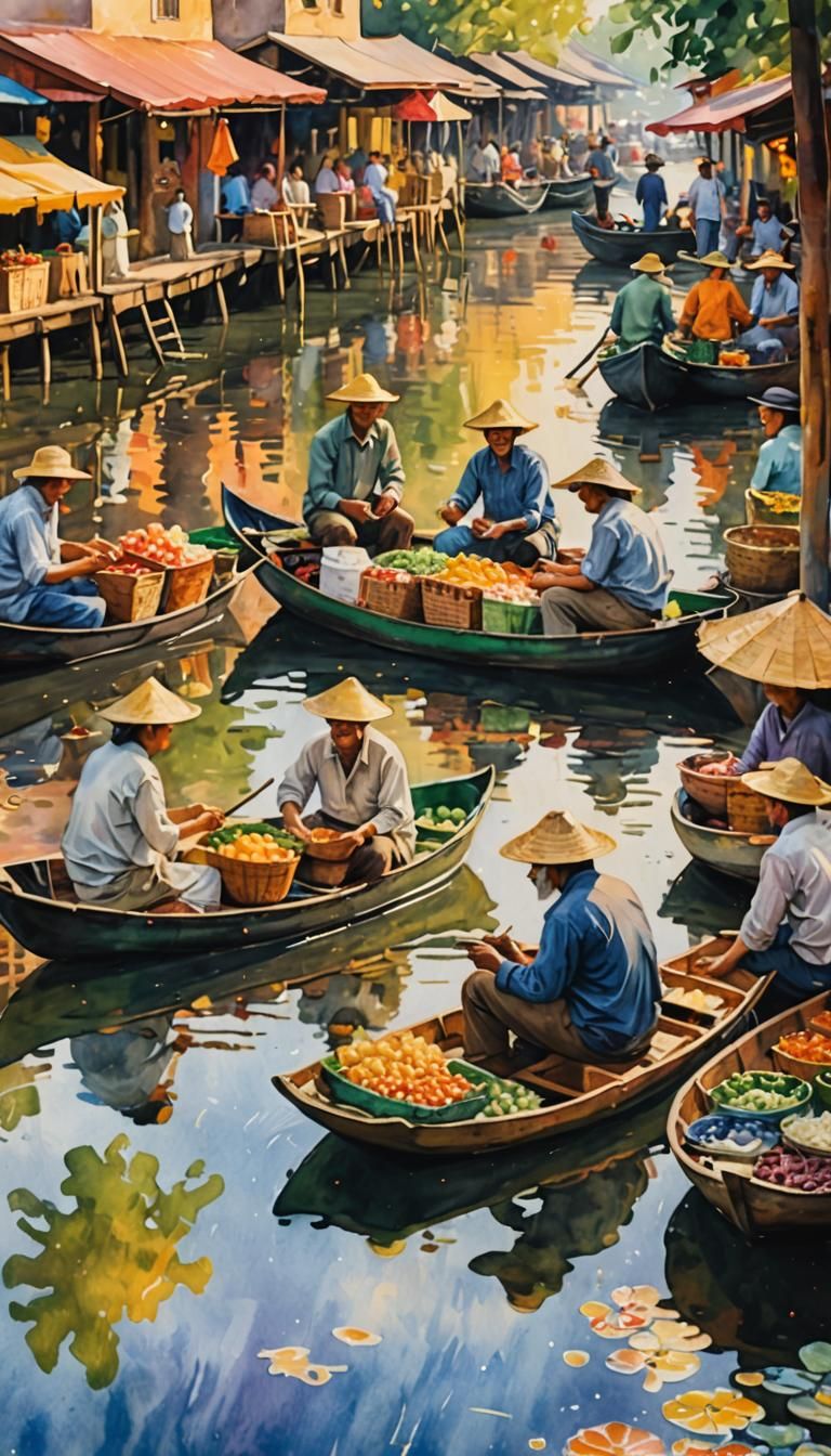 Bustling Floating Market in Impressionist Watercolor