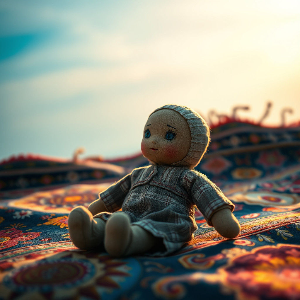 Worn Immigrant's Doll on Symbolic Tapestry