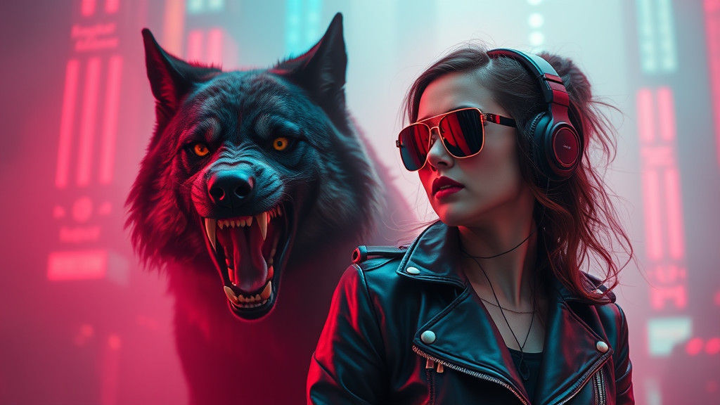 Wolf and Woman in Neon Cyberpunk Fog