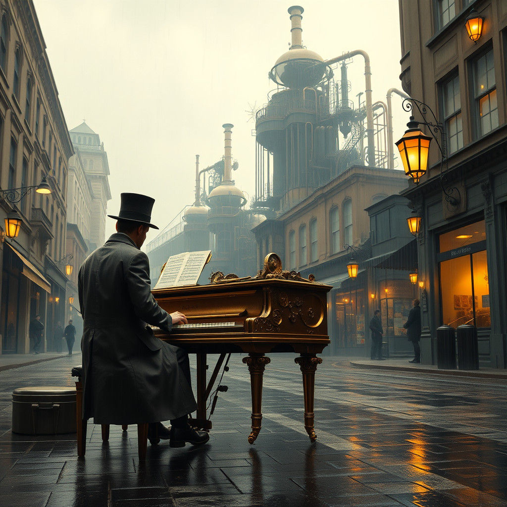 Steampunk Street Piano Player on a Rainy Day