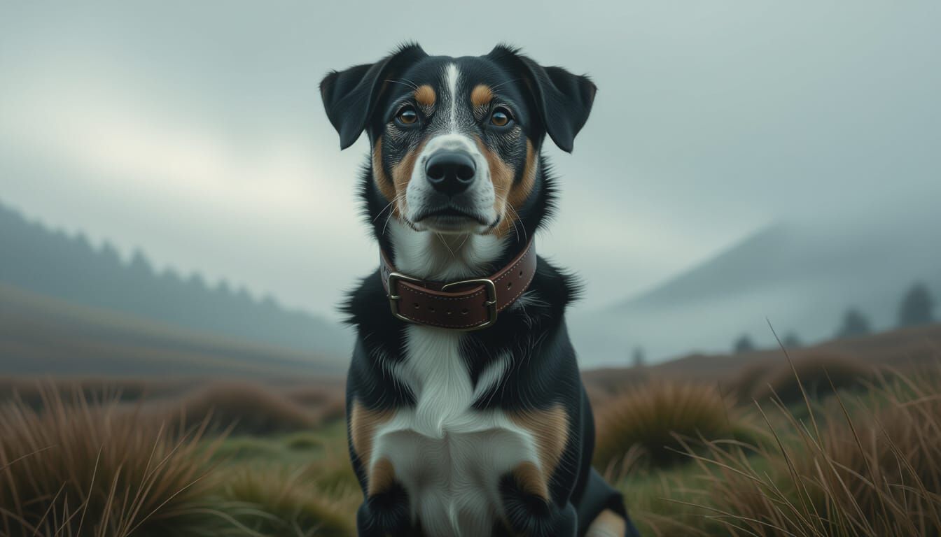 Hyper-Realistic Dog Portrait in Atmospheric Landscape