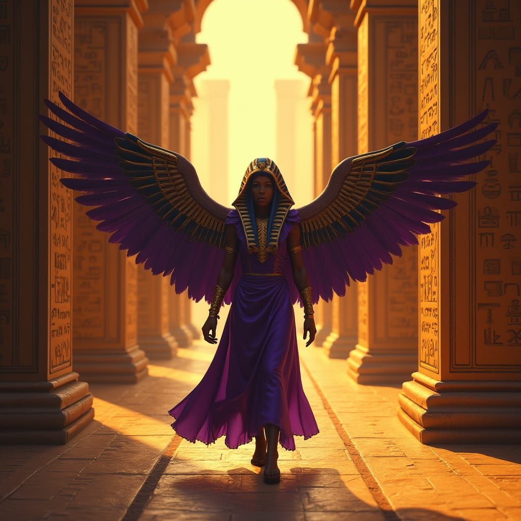 Majestic Egyptian Corridor with Winged Humanoid in Royal Pur...