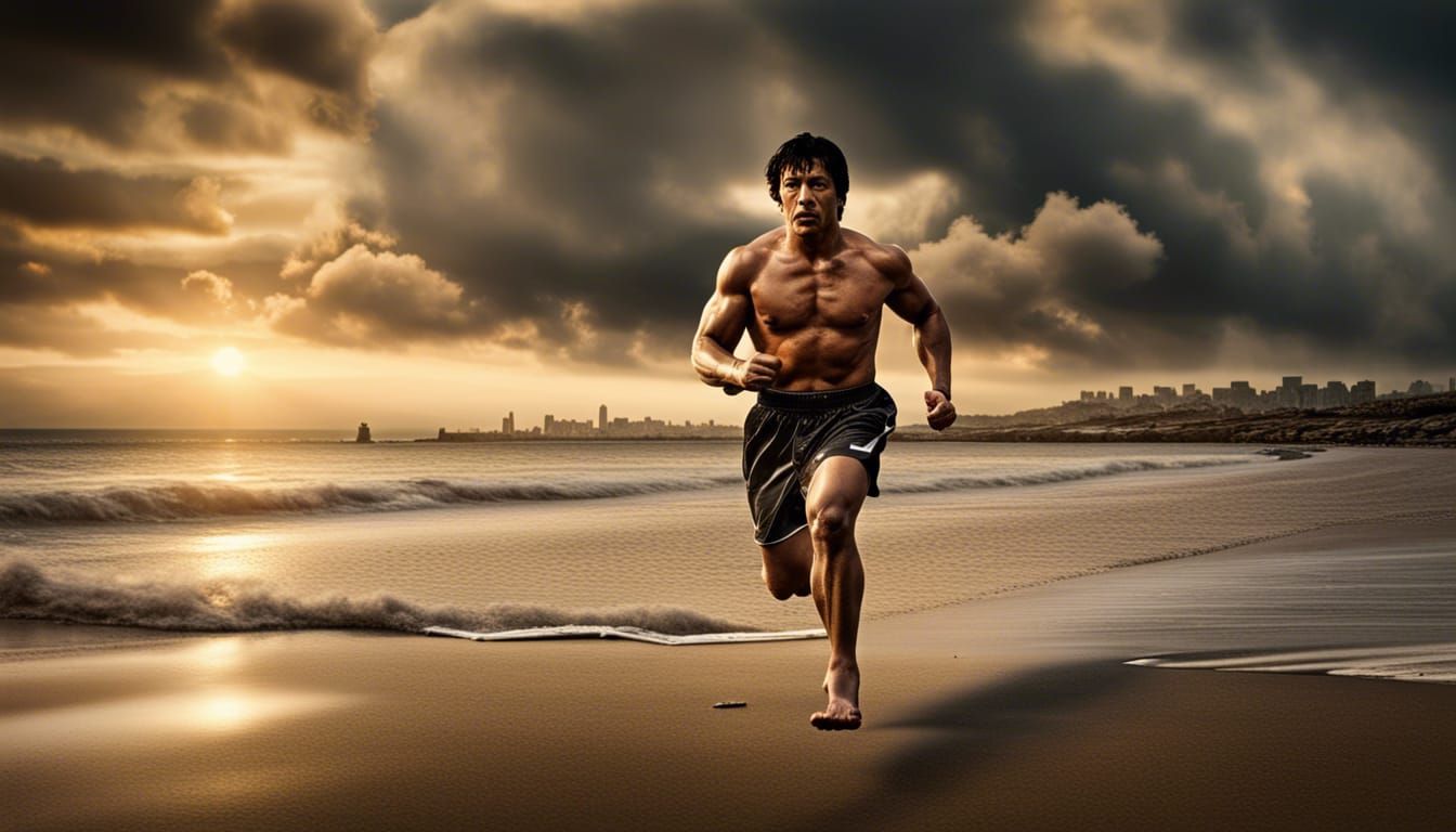 Rocky Balboa Runs on Shoreline at Sunset