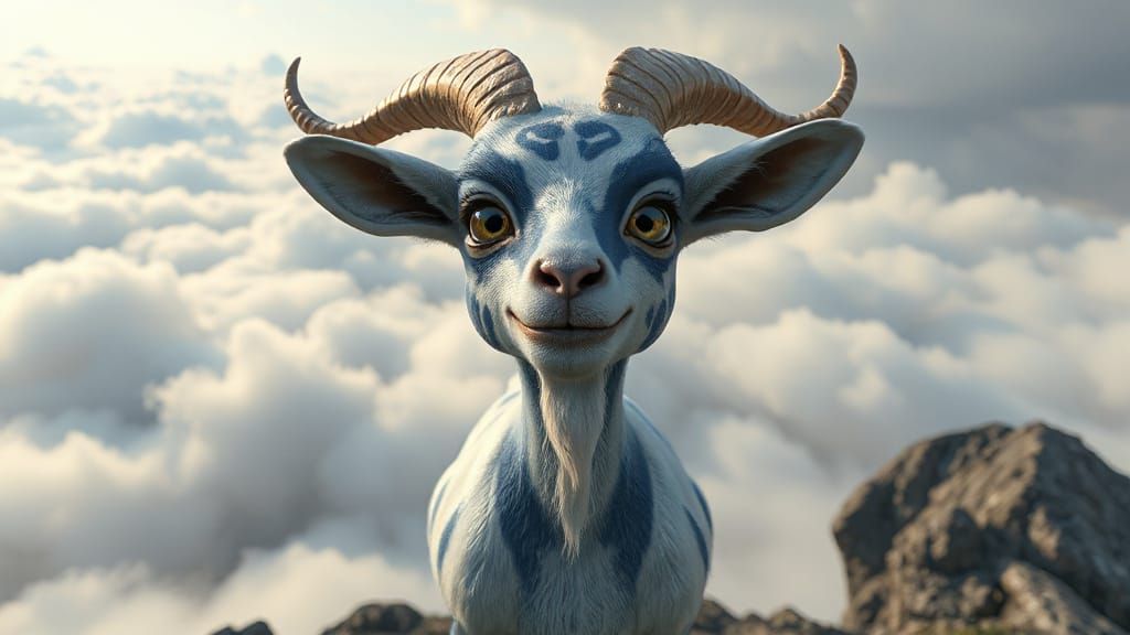 Surreal Goat Marvels on Cloudy Mountaintop