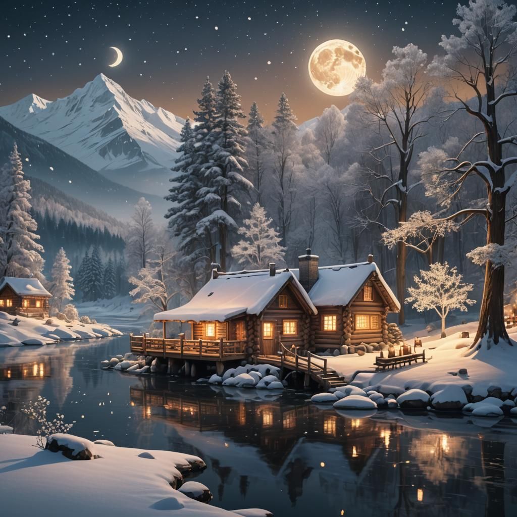 Moonlit Log Cabin by River: Fantasy Concept Art