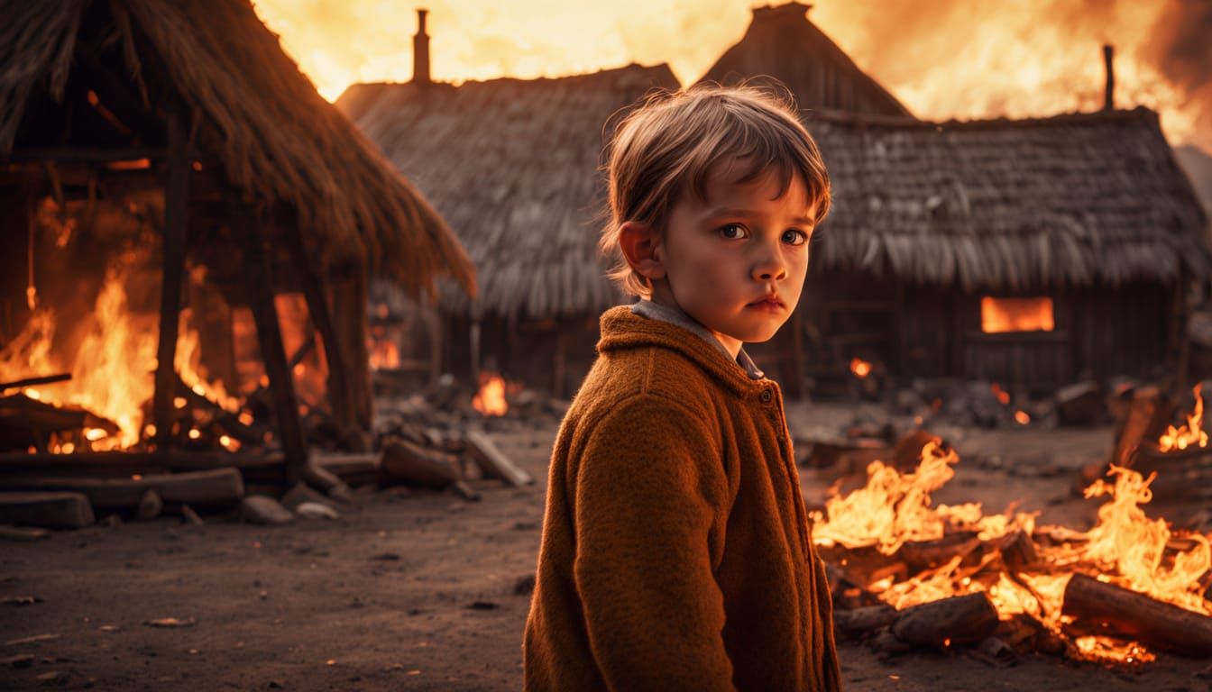 A Child Stands Alone Amidst a Village in Flames
