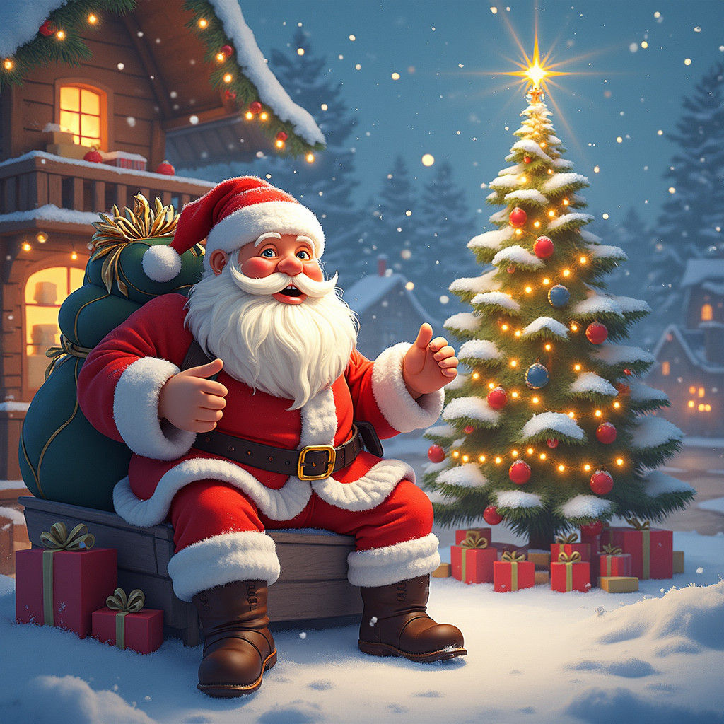 Joyful Santa Claus with Christmas Tree in Snow