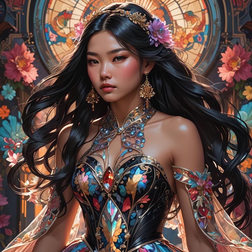 Asian Girl in Intricate Gown: Digital Art Portrait
