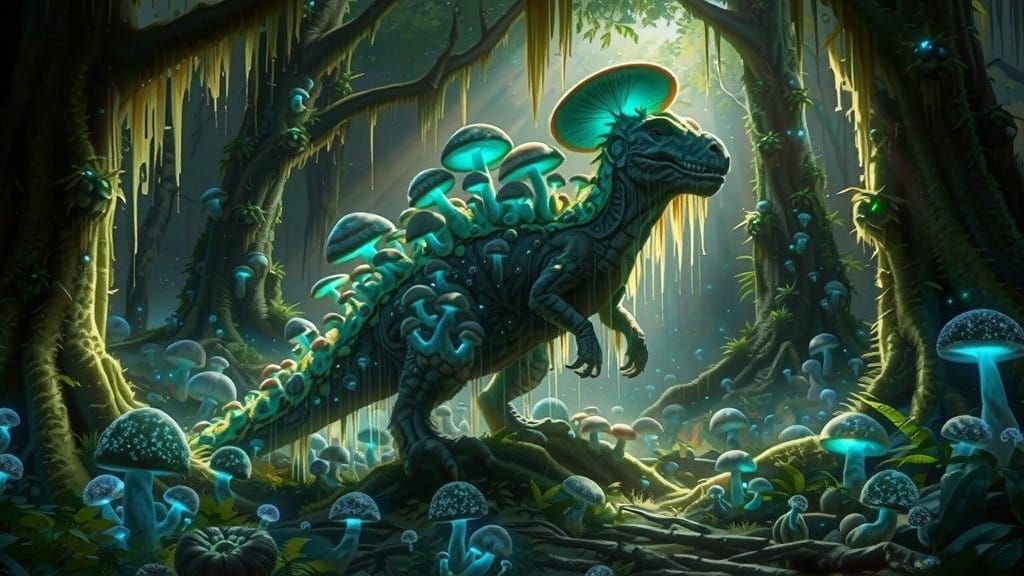 Mystical Forest Creature: Dinosaur-Fungus Hybrid in Lush, Et...