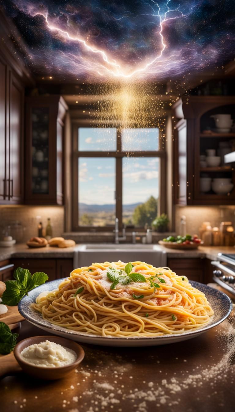 Divine Cookbook with Pasta in Fantasy Lighting