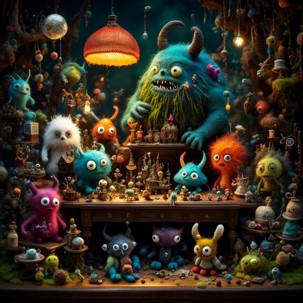 Cute Furry Monsters Play on Cluttered Desk