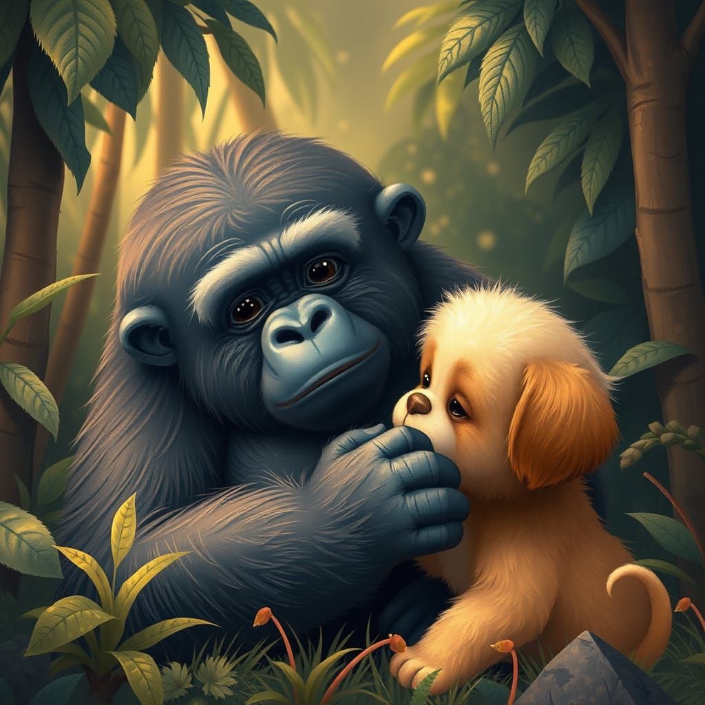 Gorilla Gently Touches Puppy's Fluffy Ears in Jungle