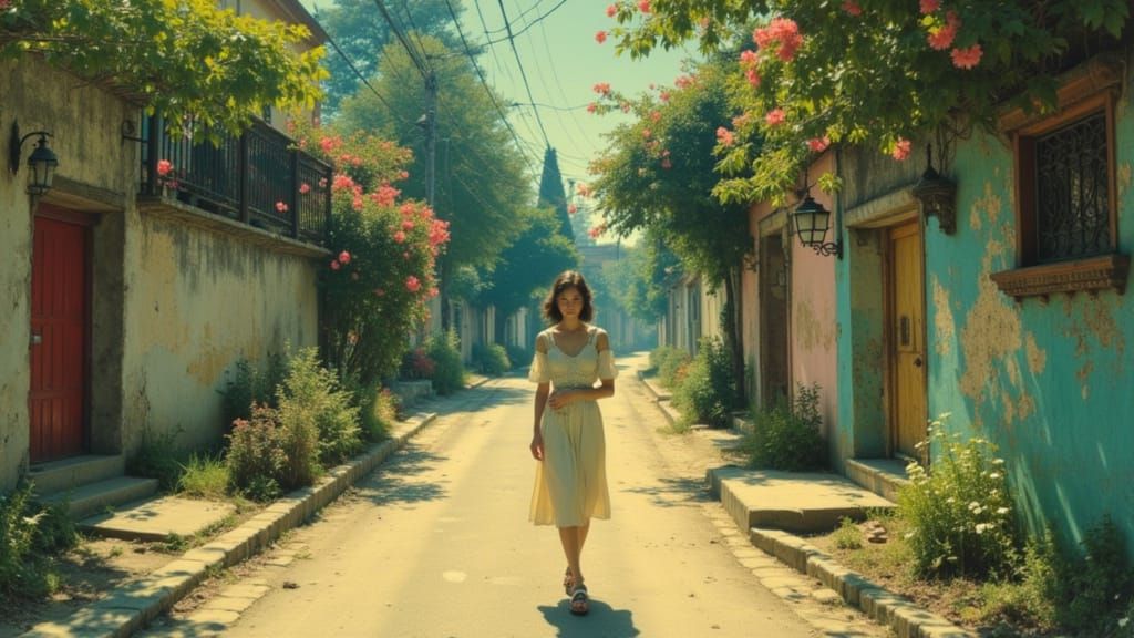 Melancholic Figure on Nostalgic Lane in Shinkai Ghibli Style
