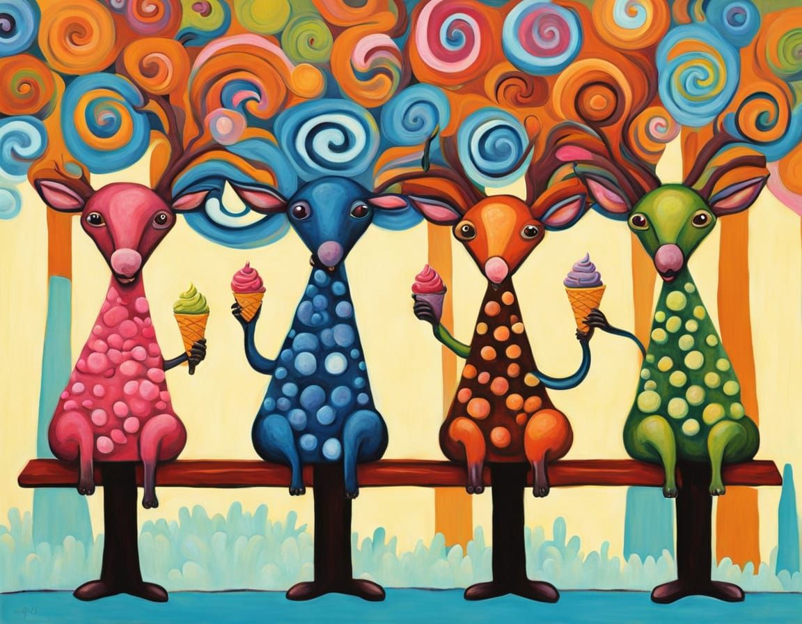 Whimsical Creatures Enjoying Ice Cream Cones