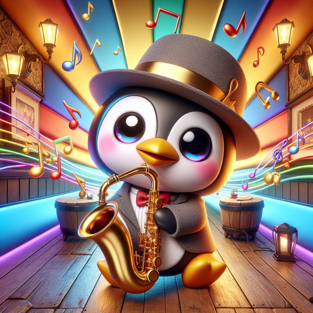 Chibi Penguin Plays Saxophone in Cosy Pub