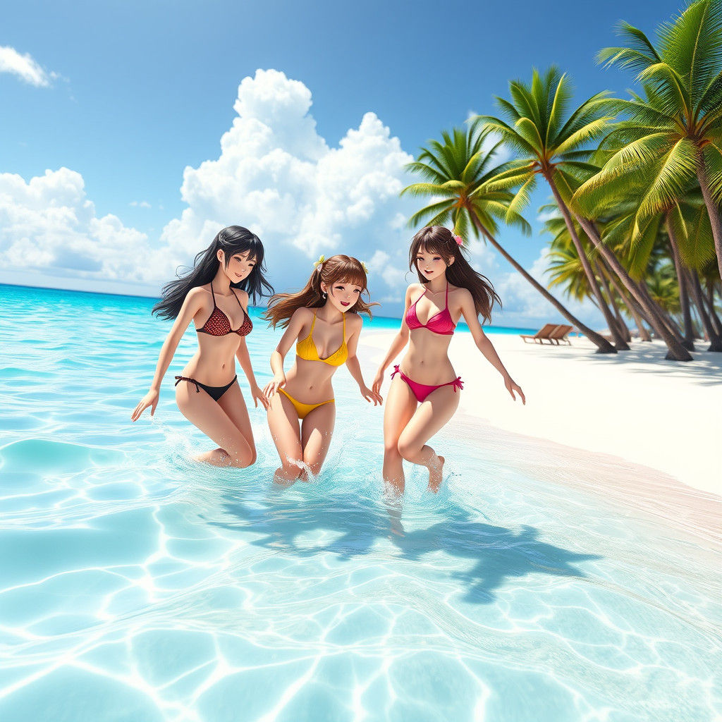 Girls on Sunny Beach in Anime Style