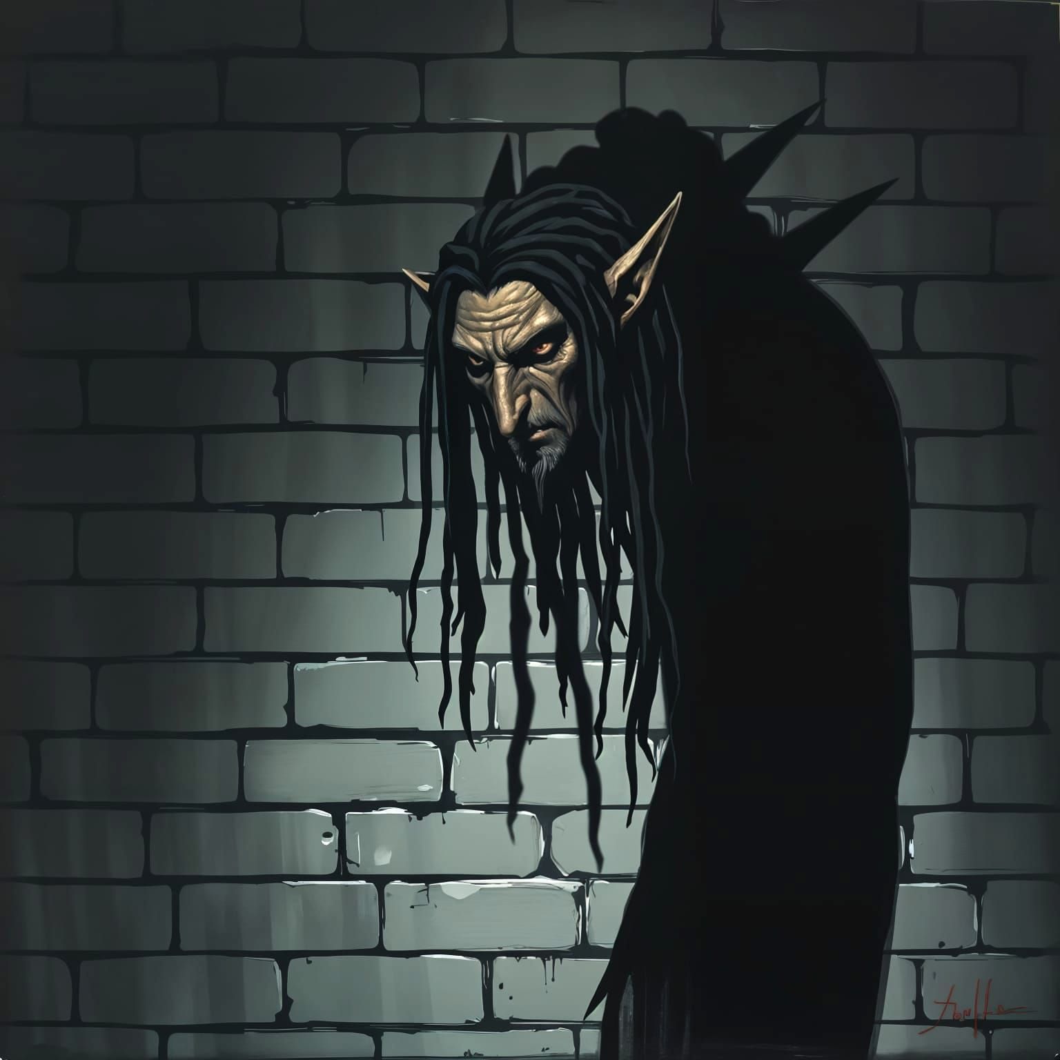 Ominous Elf Shadow on Prison Wall in Expressionist Style