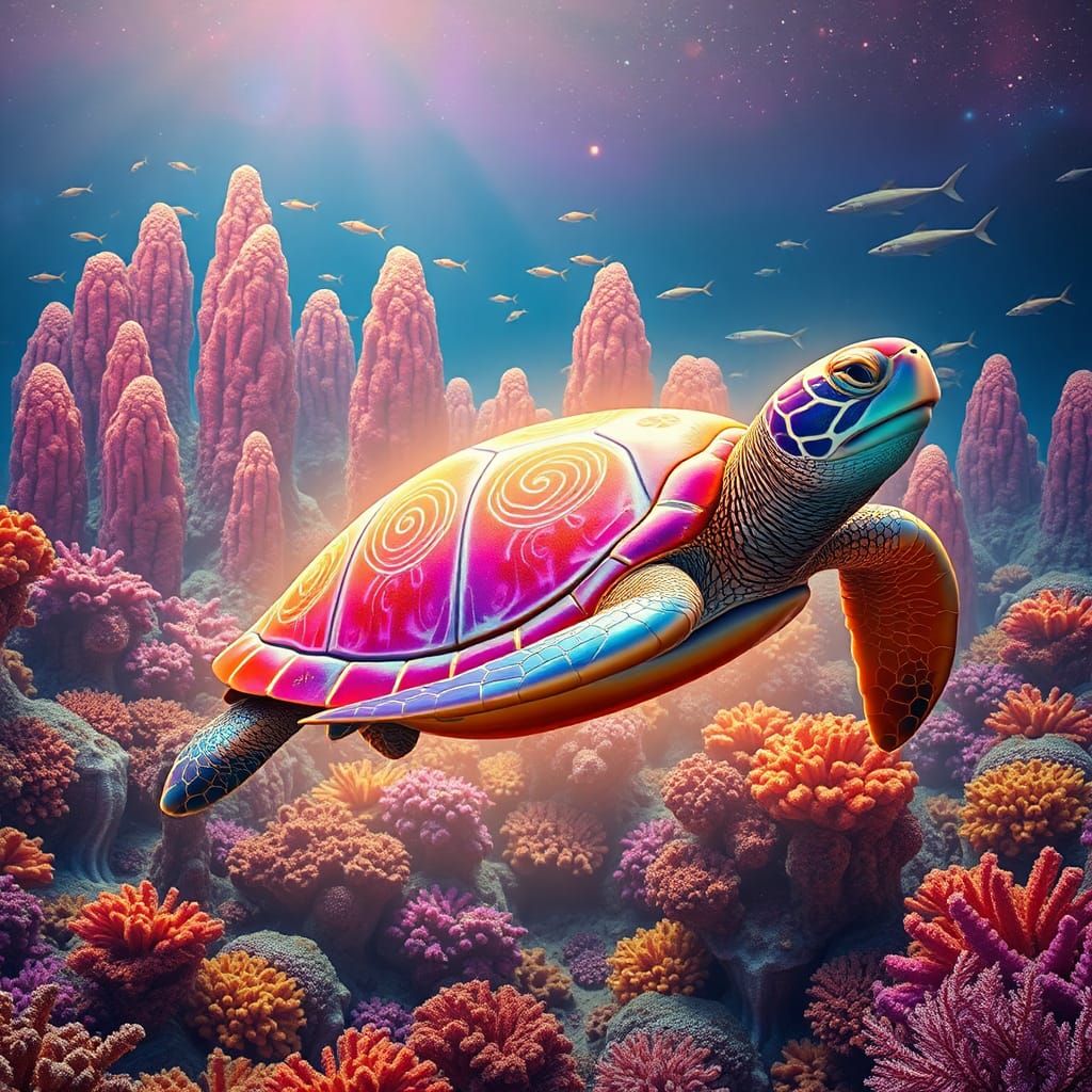 Iridescent Sea Turtle in Sacred Geometry Coral Reef
