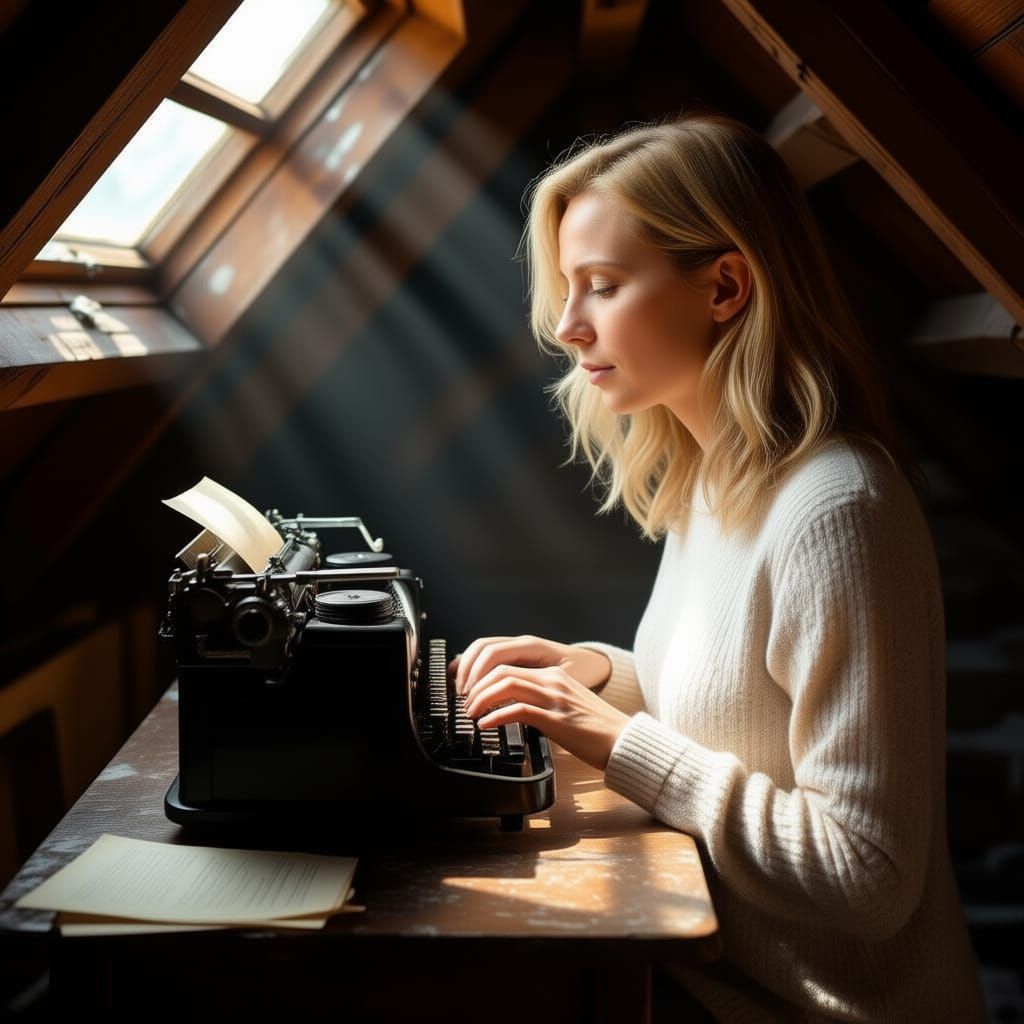 Blonde Woman Typing at Vintage Typewriter