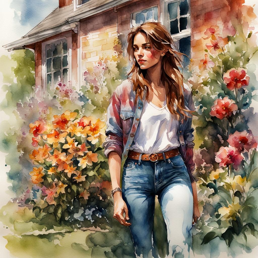 Woman Tending Flowers in Aetherpunk Watercolor Style