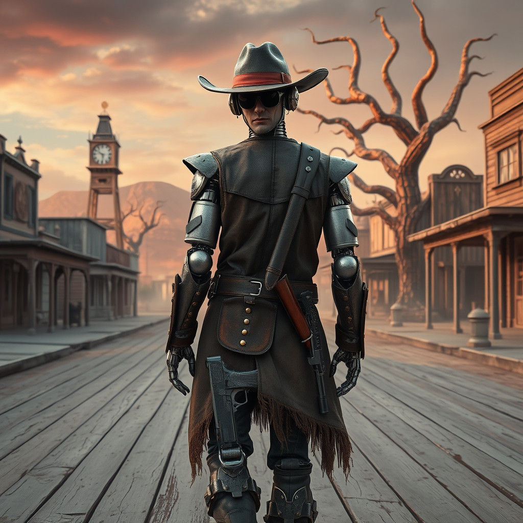 Robot Cowboy in Surreal Western Landscape