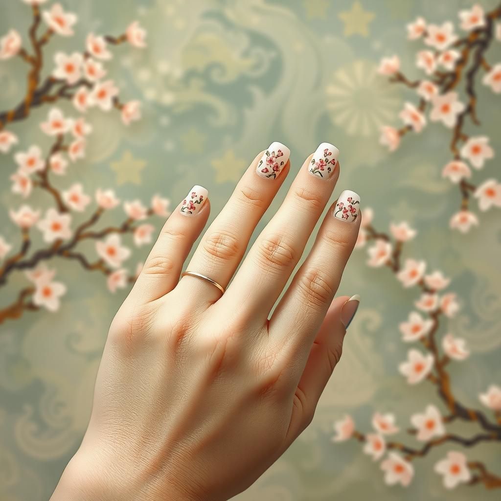 Cherry Blossom Nail Art in Ukiyo-e Art Nouveau Style