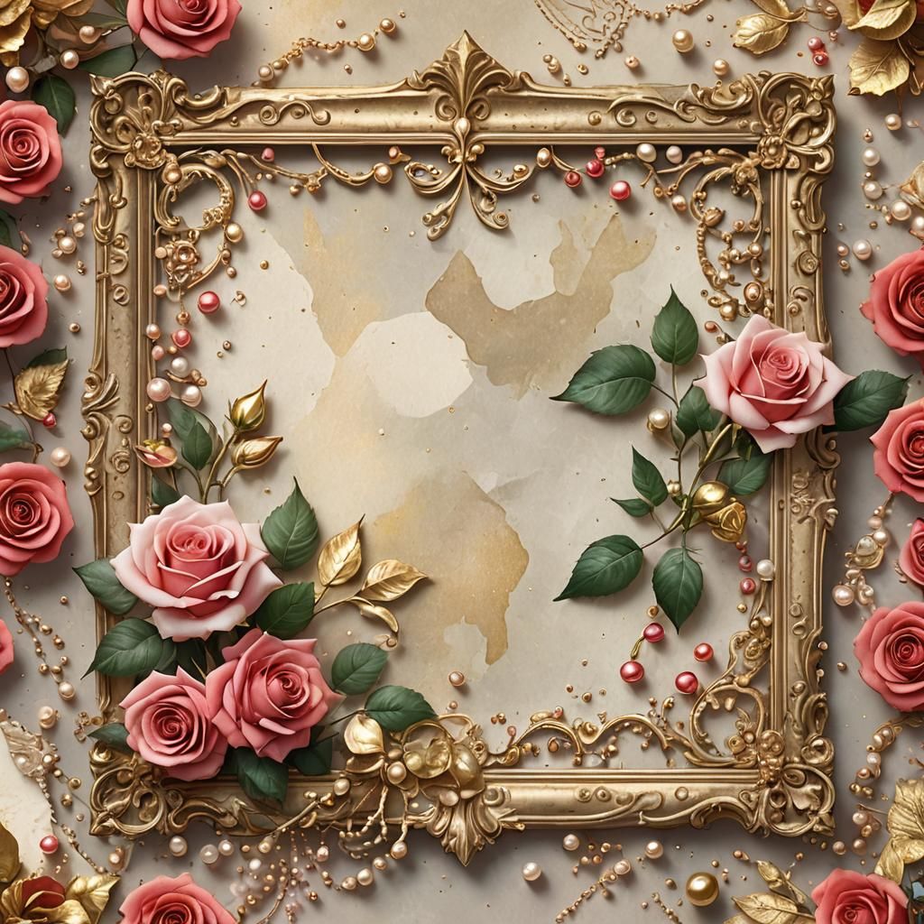 Watercolor Scrapbook Paper with Roses and Gold