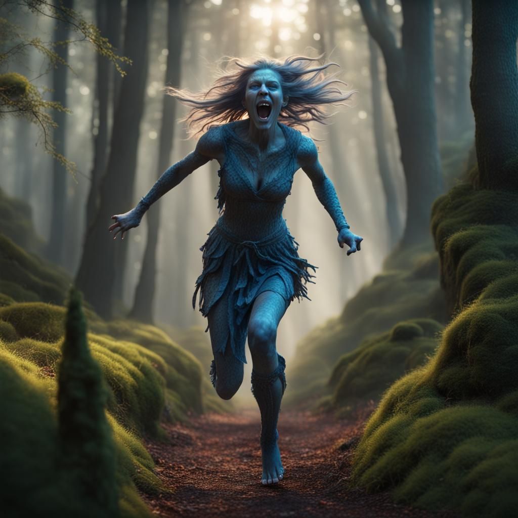 Banshee Runs Through Enchanted Forest in Hyperrealism