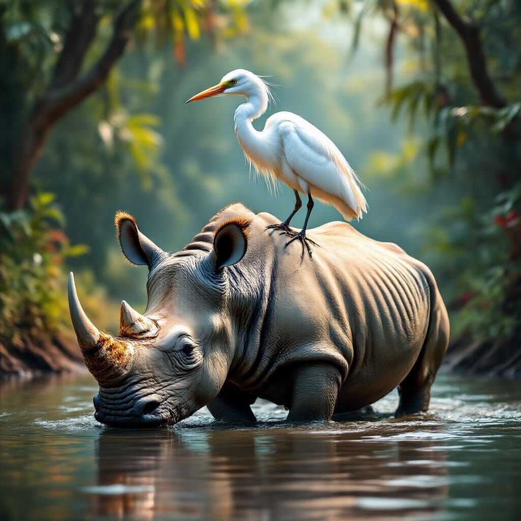 Rhino and Egret: Jungle River Wildlife