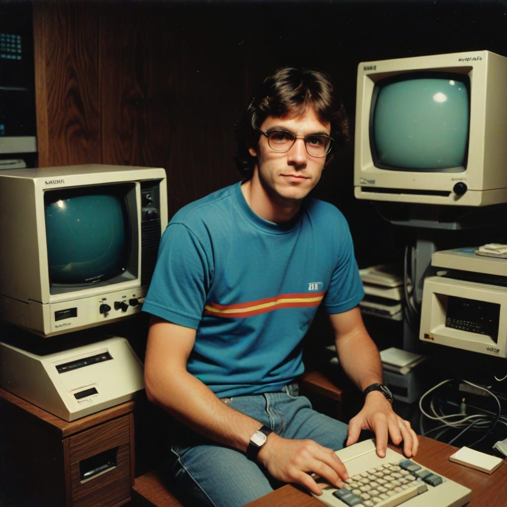 Retro Nerd at Work in 80s Wood Paneled Room