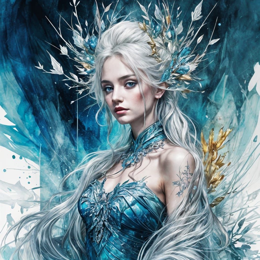 Ice Queen on Frozen Throne: Digital Watercolor