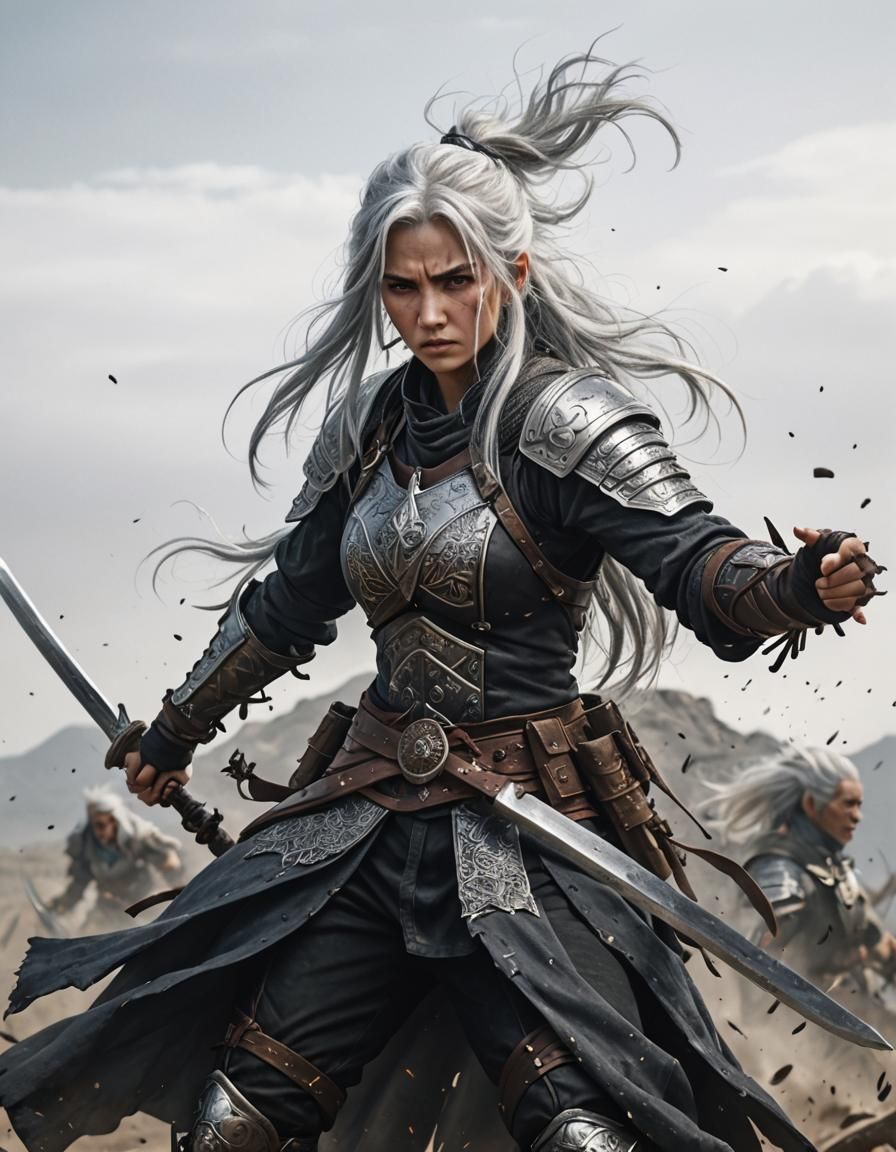 Silver-Haired Female Warrior in Battle