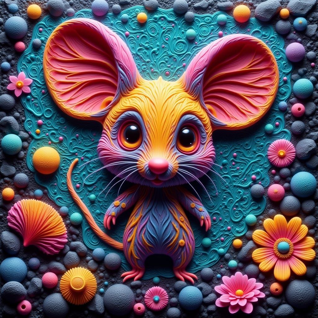 Vibrant Chibi Mouse Embossed Relief in Rich, Layered Pigment...